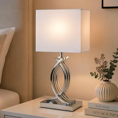 Produktbild von Design Tischlampe chrom Nachttischlampe 50 x 22 cm Tischleuchte silberfarben
