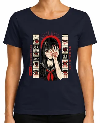 Imagen del producto de Camiseta para mujer con diseño de anime de terror y manga, con motivos japoneses, ojos rojos, estilo Y2K, para amantes del anime (otaku). Color: azul marino. Talla: S
