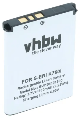 Produktbild von vhbw Akku kompatibel mit Sony-Ericsson Z525i, Z710i, Z520c, Z300c, Z300i, Z520, Z520i Handy Smartphone Telefon (600 mAh, 3,7 V, Li-Ion)