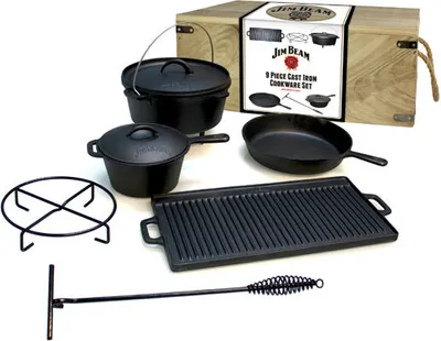 Produktbild von Jim Beam Pfannen-Schmortopf-Set gusseisernes Koch-Set Dutch Oven Set 9-teilig. in Holztruhe