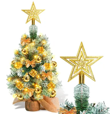 Productafbeelding van Vigevee Mini kerstboom, 40 cm, goud, met 30 LED-verlichting, houten voet en kerstversieringen, geschikt voor tafeldecoratie