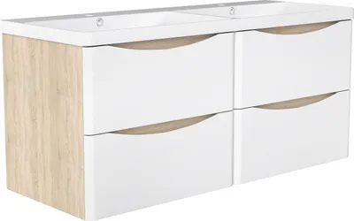Image de Acezanble Meuble de salle de bain suspendu 120 cm avec vasque, 4 tiroirs, Blanc brillant et Chêne
