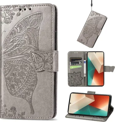 Produktbild von Für Xiaomi Poco M6 Pro 4G / Redmi Note 13 Pro 4G Kunstleder Wallet Handy Tasche Schmetterling Design Hülle Etuis Grau