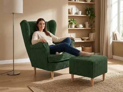 Produktbild von Ohrensessel IDYLLA – mit Fußhocker, Cord in Grün, Family Meble, KI-generiertes Bild