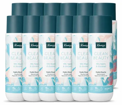 Imagen del producto de 12 unidades de gel de ducha Kneipp Clean Beauty, con algas y sal marina, de 200 ml cada uno. Paquete económico