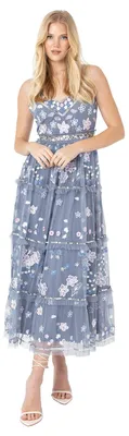Produktbild von Maya Deluxe Damen Midikleid mit Blumenstickerei, Rüschen, ärmellos und mit V-Ausschnitt