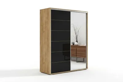 Produktbild von A11 Kleiderschrank mit Schiebetür aus Glas mit Spiegel - Craft Gold, Lacobel Schwarz - 150 x 62 x 245 cm