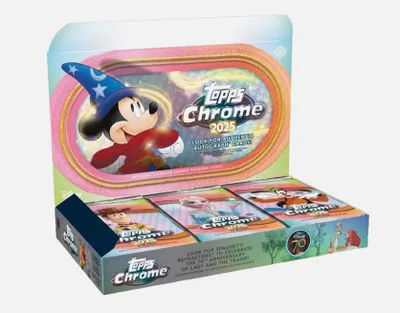 A display box of Topps Disney Chrome 2025 trading cards.