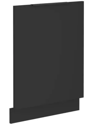 A black dishwasher door panel with a handle at the top.