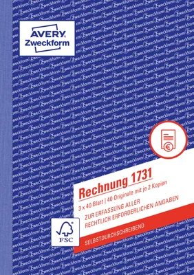 Immagine prodotto di Avery Zweckform® 1731 Fattura, DIN A5, autocopiante, 3 x 40 fogli, bianco, giallo, rosa