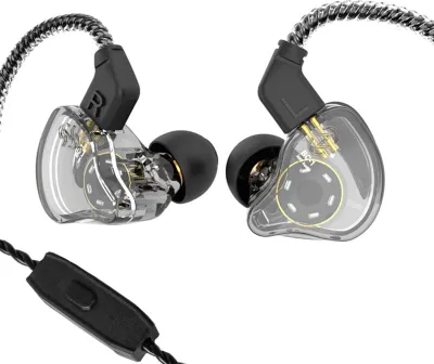 A pair of transparent in-ear monitor earphones with black ear tips and a black inline control module.