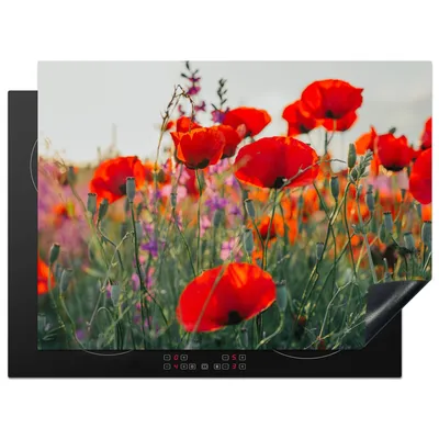 Produktbild von KitchenYeah© Herdabdeckplatte Mohn - Blumen - Rot - Lila - Wiese , 70x52cm, Küche Deko, Glaskeramikkochfeld Herdabdeckung, Abdeckplatte fùr Kochfeld