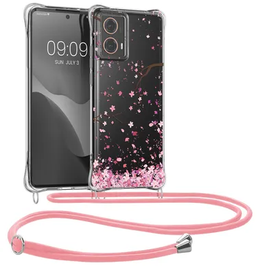 Produktbild von kwmobile Necklace Case kompatibel mit Motorola Moto G85 5G Hülle - Silikon Cover mit Handykette - Rosa Dunkelbraun Transparent Kirschblütenblätter