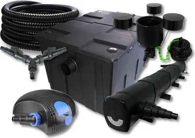 Immagine prodotto di Set completo SunSun: filtro per laghetti CBF-550 fino a 60000 L, pompa per laghetti CTF-12000 12000l/h 100W, chiarificatore per laghetti CUV-272 72W, tubo per laghetti 25m 25 mm, schiumatoio CSP-250 2500l/h 45W, distributore a Y