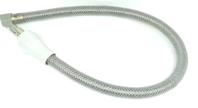 A flexible metal hose with white plastic fittings on a white background.