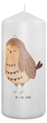 Produktbild von Mr. & Mrs. Panda Kerze Eule Zufrieden 19 x 8 cm - Weiß - Geschenk, Owl, Erinnerungskerze, Bedruckte, Wortspiel Lustig, Erinnerungslicht, Liebe Spruch, Blockkerze
