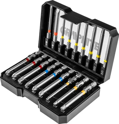A set of screwdriver bits in a black plastic case.