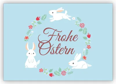 Produktbild von Niedliche klassische Osterkarte mit schönem Blüten Kranz und Osterhasen: Frohe Ostern