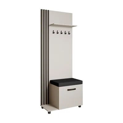 Produktbild von Garderobenschrank LIVIA Links Kaschmir – Garderobe mit Kleiderhaken, Schuhschrank, schwarze Lamellen, schwarzem Sitzkissen, Hochschrank, Flurmöbel