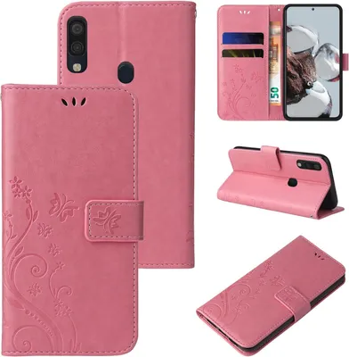 Produktbild von Handyhülle für Samsung Galaxy A40 Floral Blumen Schmetterling Flip Cover Hülle Case Klapphülle Handytasche Farbe: Rosegold
