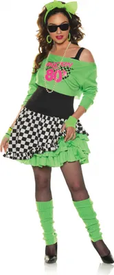 Produktbild von Neongrünes 80`s Virgin Popstar Kostüm Damen – Neon 80s Mini Kleid mit Schachbrett Rock & „Rockin The 80s“ Print – Retro Popstar Kostüm – Fasching Karneval Halloween 80s Party Outfit Größe: XL