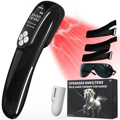 Obrázok produktu pre Laserová terapia pre kone – laserový prístroj – 650/808 nm GaAlAs – 12 diód 650 nm – akumulátor 2600 mAh – časovač 5–20 min – 785 g – čierna sada