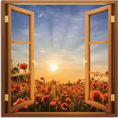 Produktbild von ARTland Leinwandbild Untergehende Sonne im Mohnblumenfeld Größe: 70x70 cm