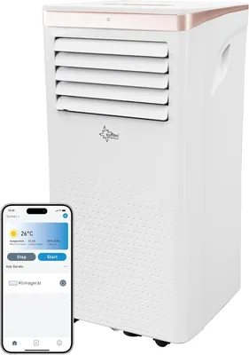 A white portable air conditioner unit next to a smartphone displaying its control app.