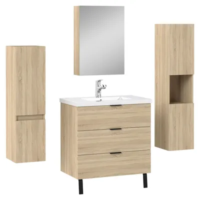 Image de Acezanble Ensemble Meuble salle de Bain Chêne Suspendu avec Vasque, 79cm, 3 Tiroirs + miroir de rangement, 2 colonnes