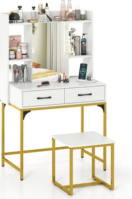A white vanity table with gold legs and a matching stool, set against a white background.