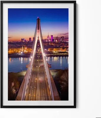 Produktbild von Brücke und Stadt am Abend– Wandbild mit Rahmen – Gerahmtes Bild  – Wanddekoration – 70x100 cm –  Schwarz Rahmen