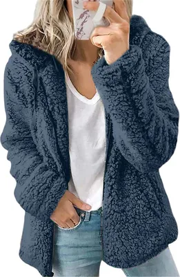 Produktbild von ASKSA Damen-Sweatshirt Flauschige Sherpa-Fleece-Jacke mit Reißverschluss Langärmelig,  Blau, 2XL