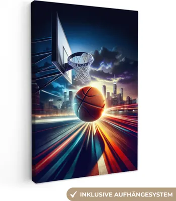 Produktbild von MuchoWow® - Leinwandbilder - Basketball - Sport - Basketball - Stadt, Wandbild, Wanddeko Bilder Wohnzimmer, 60x90 cm