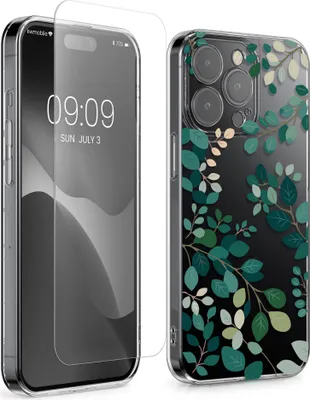 Produktbild von kwmobile Hülle kompatibel mit Apple iPhone 15 Pro Handyhülle - Silikon Case transparent - Mit Glas Schutzfolie - Frühlingsblätter Grün Transparent