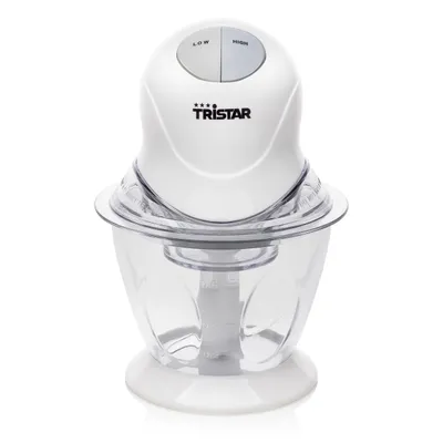 A white electric food chopper with a clear plastic bowl, set against a white background.