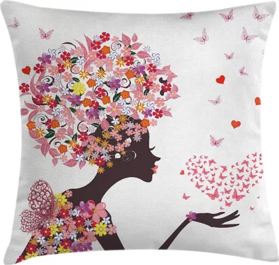 Produktbild von ABAKUHAUS Schmetterlinge Kissenbezug, Mädchen mit einem Herzen der Schmetterlinge, Blüten Sommerzeit Fantasie Bild, 50 x 50 cm, Mehrfarbig