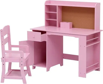 Imagen del producto de Conjunto de escritorio infantil, escritorio para niños con silla de madera, escritorio escolar con estantería, armario, cajón y panel de anuncios, escritorio juvenil para niños a partir de 3 años, color rosa