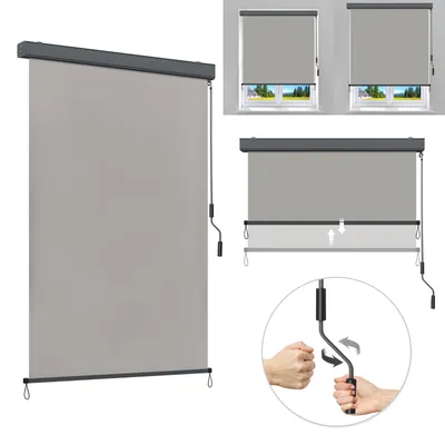 A collage of images showing a gray roller blind with a crank mechanism, demonstrating its installation and operation.