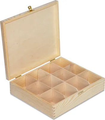 Produktbild von Creative Deco Tee-Box aus Natürliches Kiefernholz | 29 x 25 x 7,5 cm | mit 12 Fächer und Deckel | Tee-Organizer | Perfekte Tee-Kiste für Decoupage, Dekoration Lagerung der Teebeutel