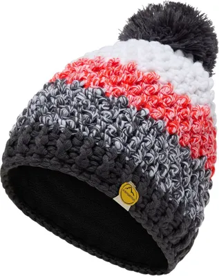 Bunte Mütze "Terry Beanie W" von La Sportiva; gestrickt mit rot; grau und schwarz; mit Bommel.
