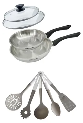 Image de Lot de 2 Poêles en inox 20/24 cm avec couvercles Fackelmann Geneva avec 5 ustensiles de cuisine