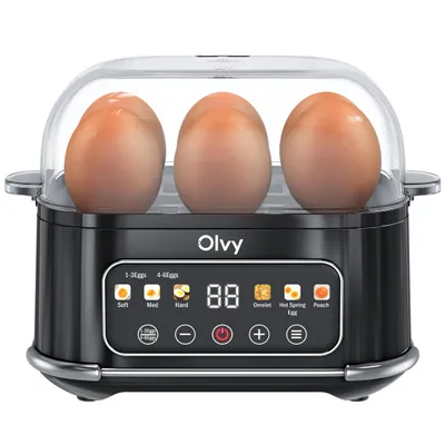 A black electric egg cooker with a clear lid, containing several brown eggs. The front panel has a digital display and various function buttons.