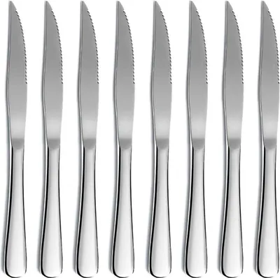 Image de GrillChef Ensemble de couteaux à steak en acier inoxydable 8 pièces argentées tranchantes et lavables au lave-vaisselle avec manche robuste pour les fêtes, les mariages et la maison Accessoires de barbecue