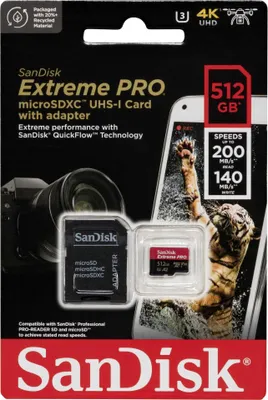 Immagine prodotto di SanDisk Extreme Pro - Scheda di memoria flash (adattatore da microSDXC a SD incluso) - 512 GB - A2 / Classe video V30 / UHS-I U3 / Classe10 - microSDXC UHS-I