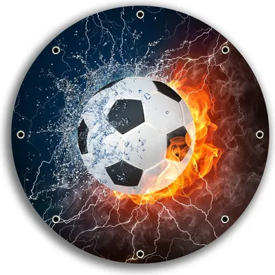 Produktbild von Wallario rundes Outdoor-Poster für Garten oder Balkon, Motiv Fußball - Feuer und Wasser, 30 cm Durchmesser
