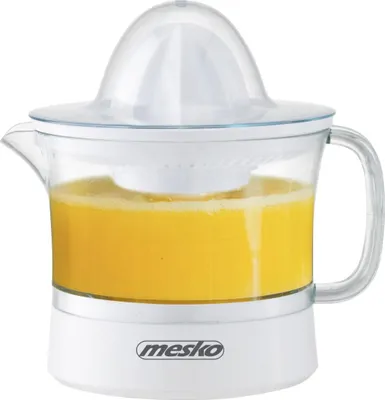 A white electric citrus juicer filled with orange juice, shown from a front-diagonal angle.
