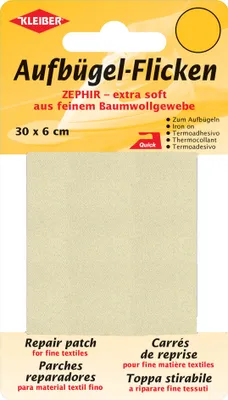 The image shows the packaging of iron-on patches for textiles.