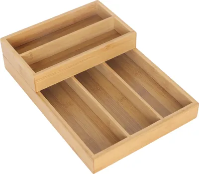 Produktbild von Relaxdays Besteckeinsatz Bambus, 2-teilig, 6 Fächer, stapelbar, Schubladeneinsatz, Besteckkasten platzsparend, natur