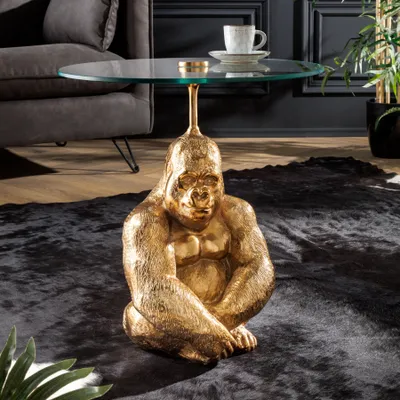 Produktbild von riess-ambiente Runder Beistelltisch KONG 50cm gold Metall Glas Affenfigur Gorilla Skulptur Couchtisch Tisch