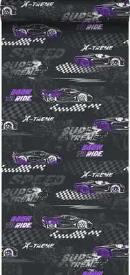 Productafbeelding van Sanders & Sanders behang race auto's paars en zwart wit 50 x 900 cm